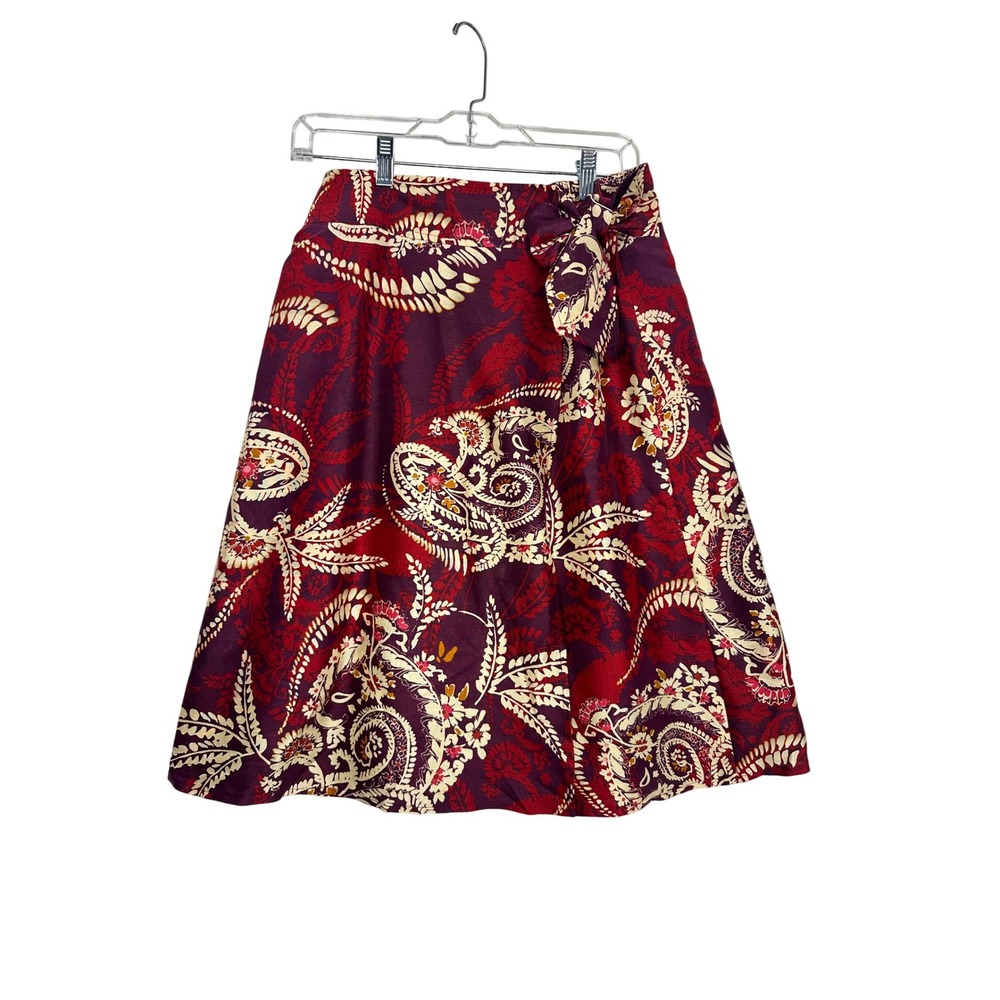 Talbots Silk Blend Wrap Skirt Floral Paisley Burgundy Red Beige Size 6